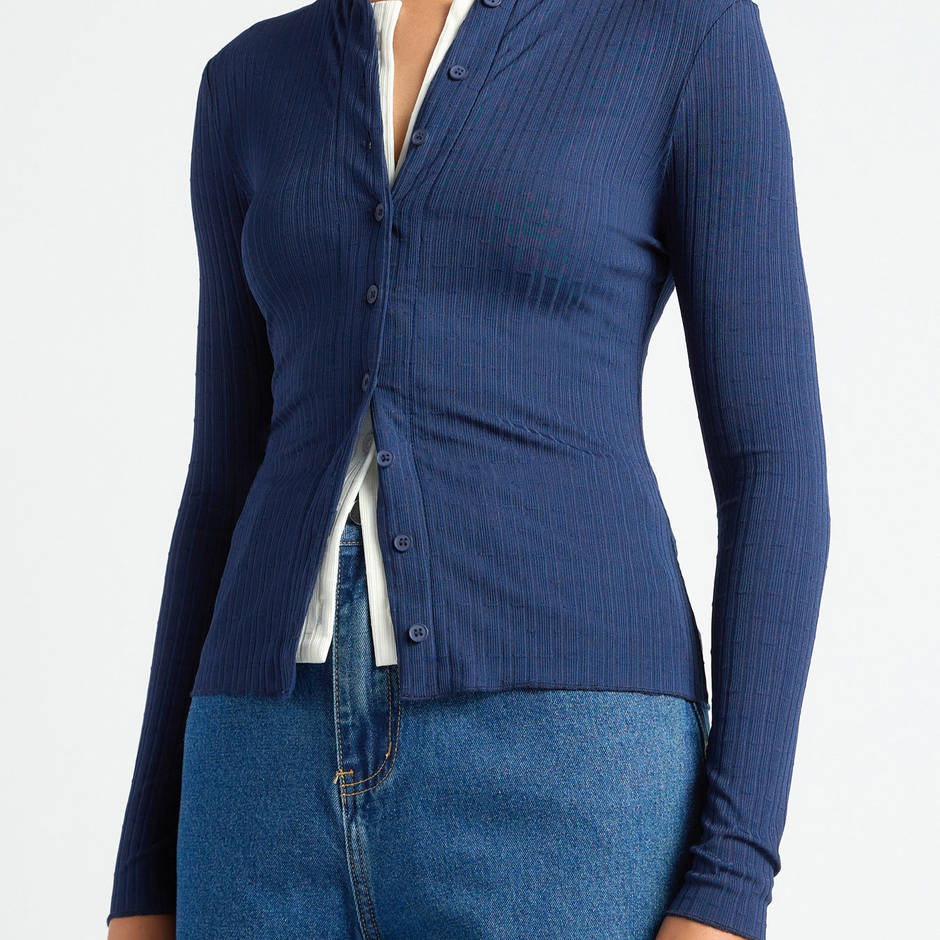 Contrast Detail Button-Up Textured Jersey Top