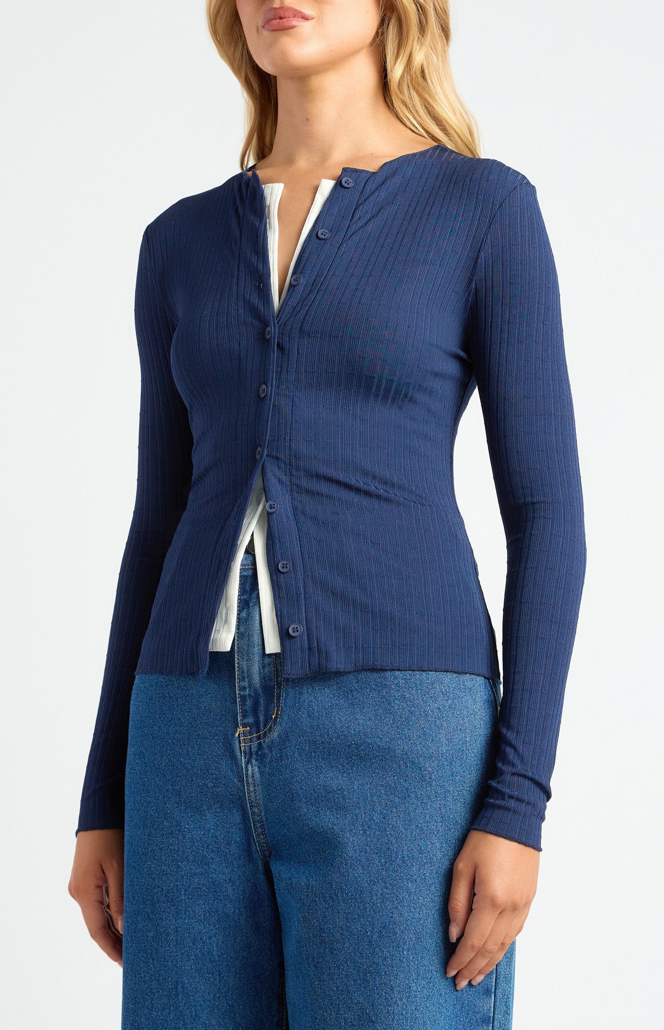 Contrast Detail Button-Up Textured Jersey Top