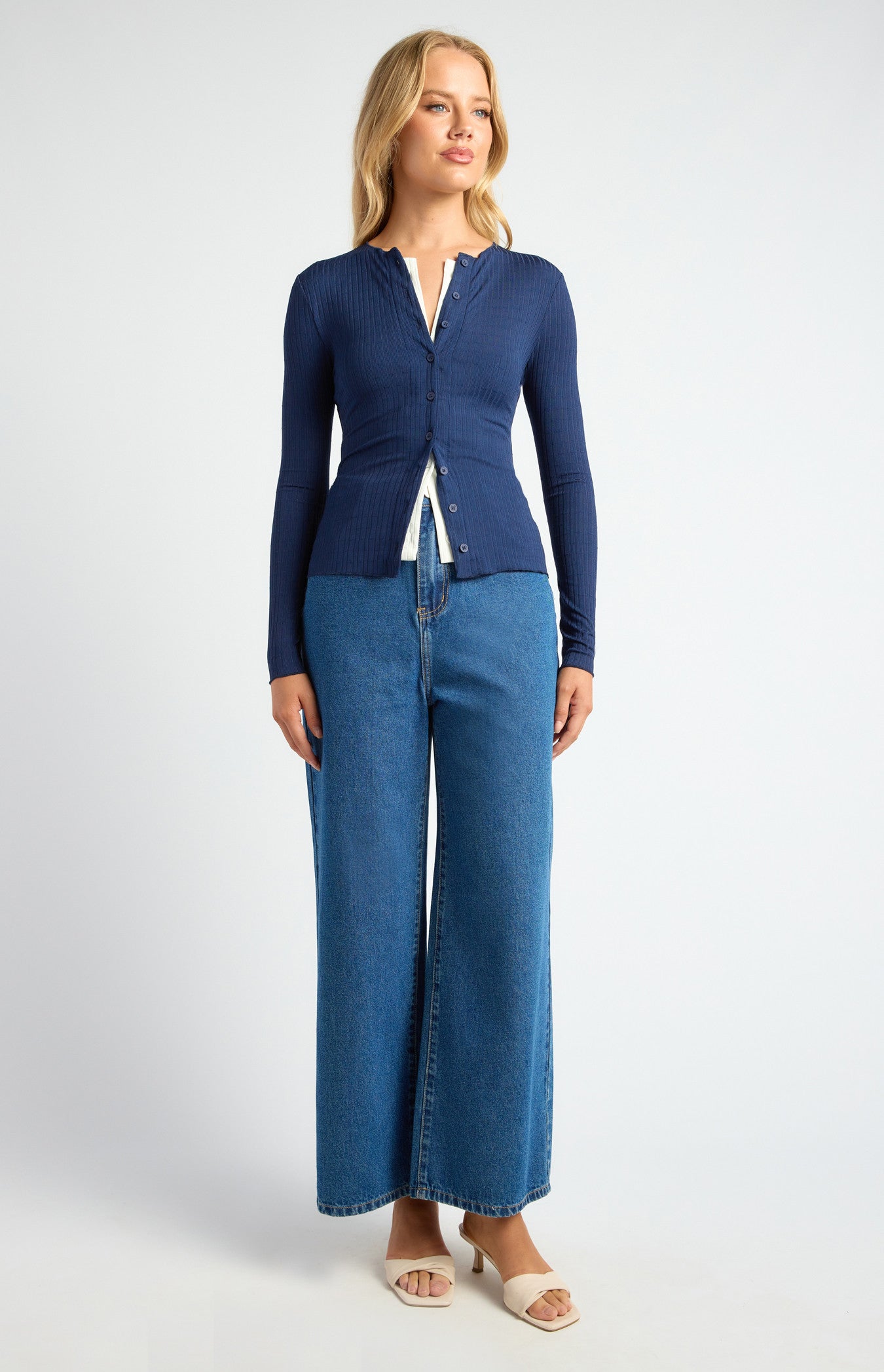 Contrast Detail Button-Up Textured Jersey Top