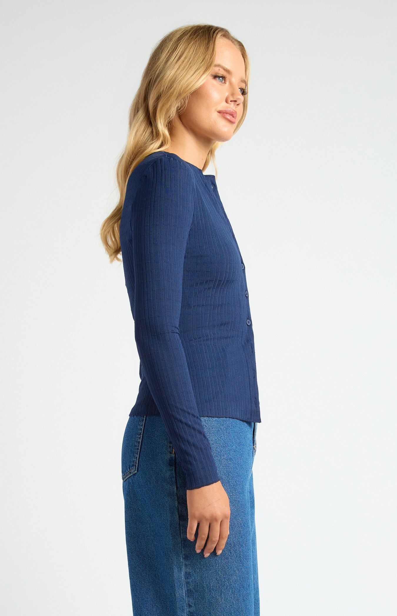 Contrast Detail Button-Up Textured Jersey Top
