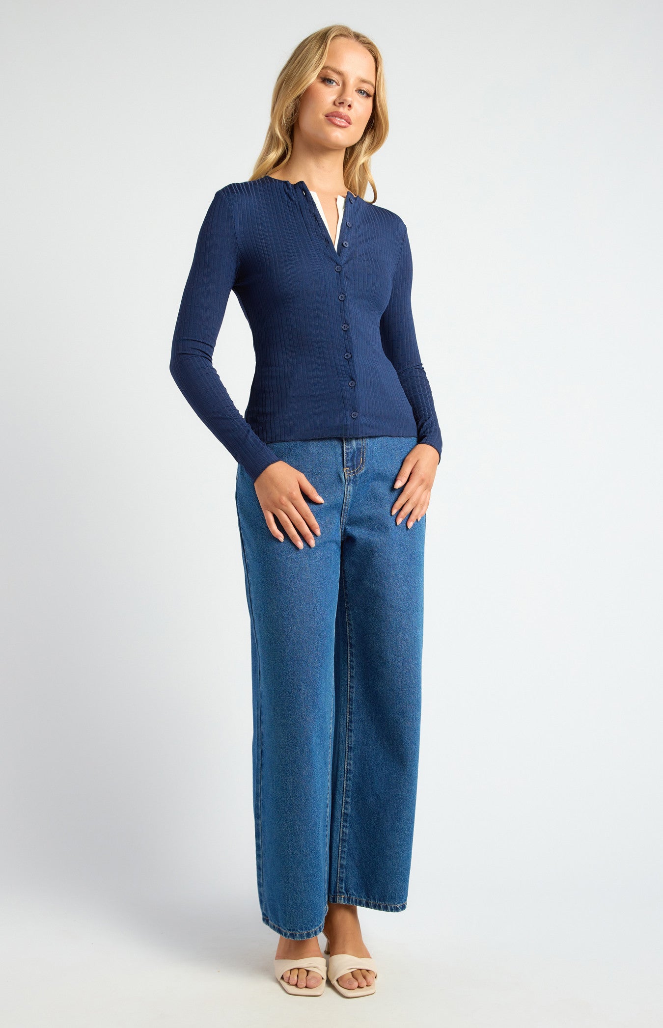 Contrast Detail Button-Up Textured Jersey Top