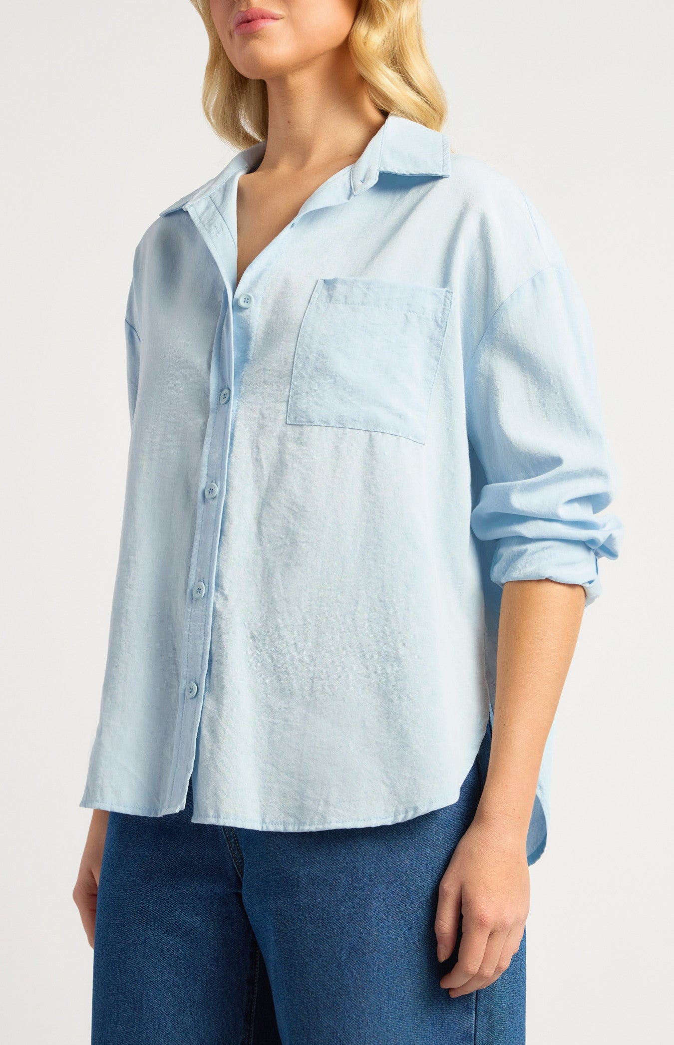 Oversized Cotton Blend Button-Up Shirt with Front Pocket Detail