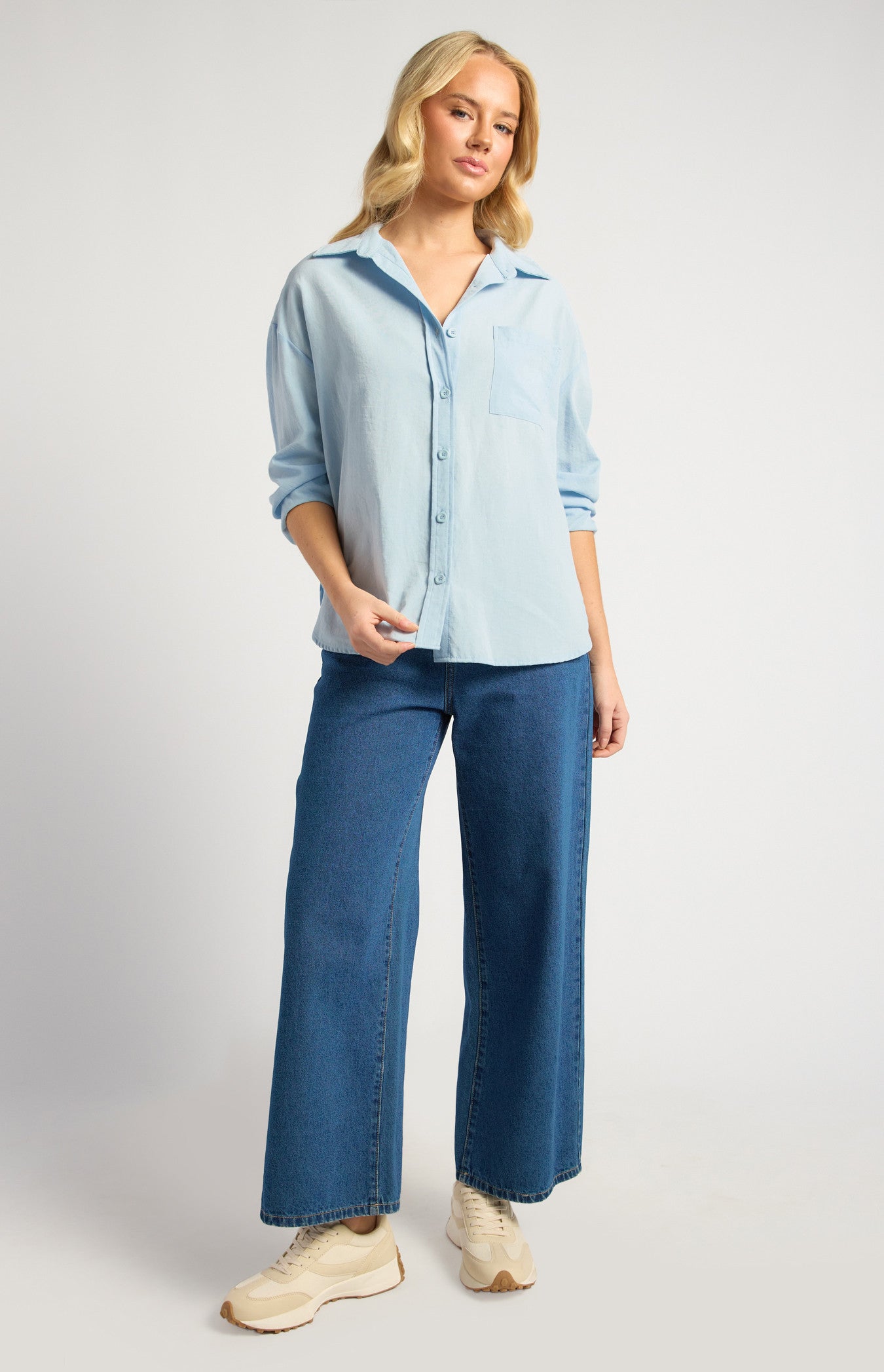 Oversized Cotton Blend Button-Up Shirt with Front Pocket Detail