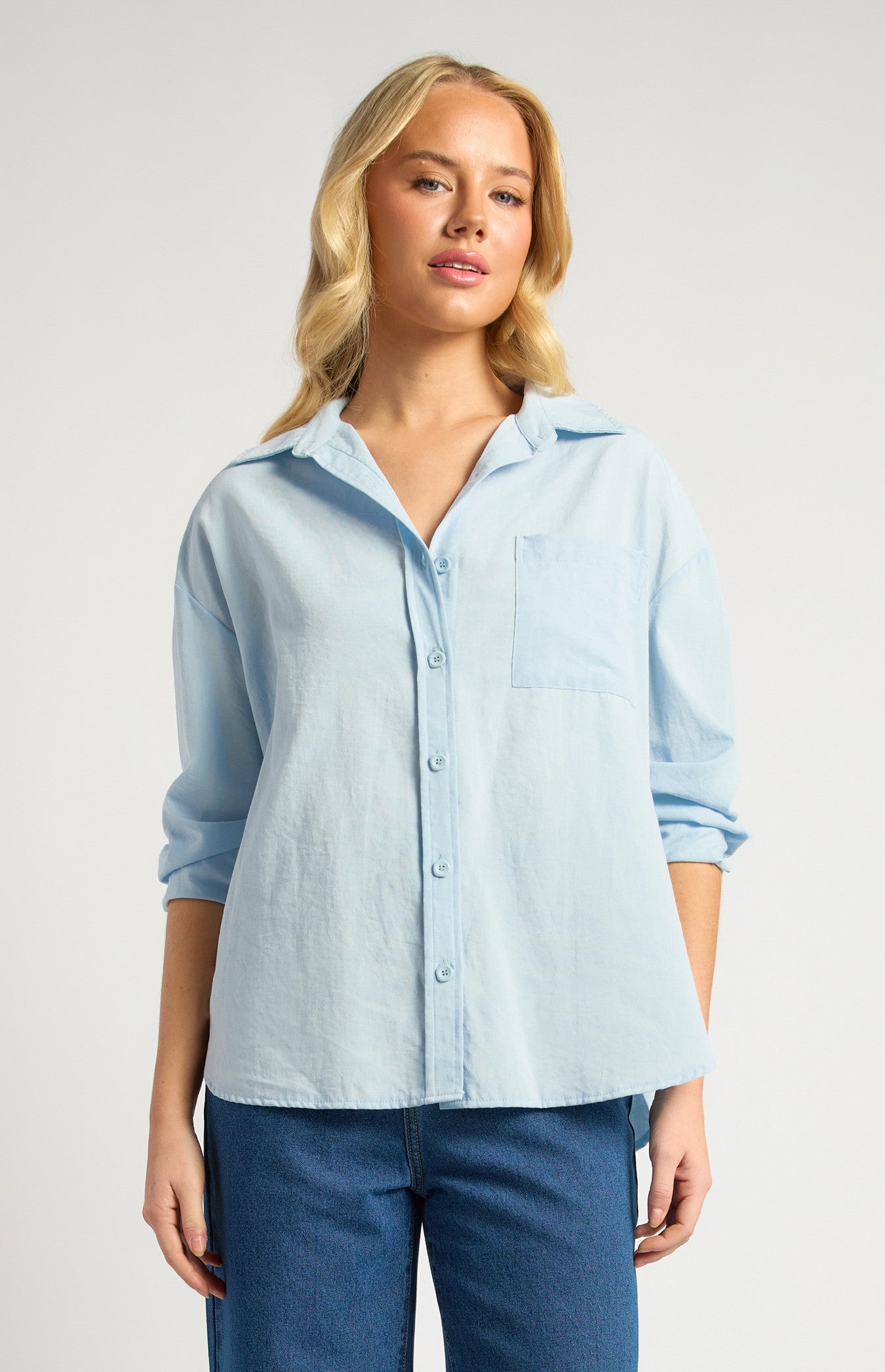 Oversized Cotton Blend Button-Up Shirt with Front Pocket Detail