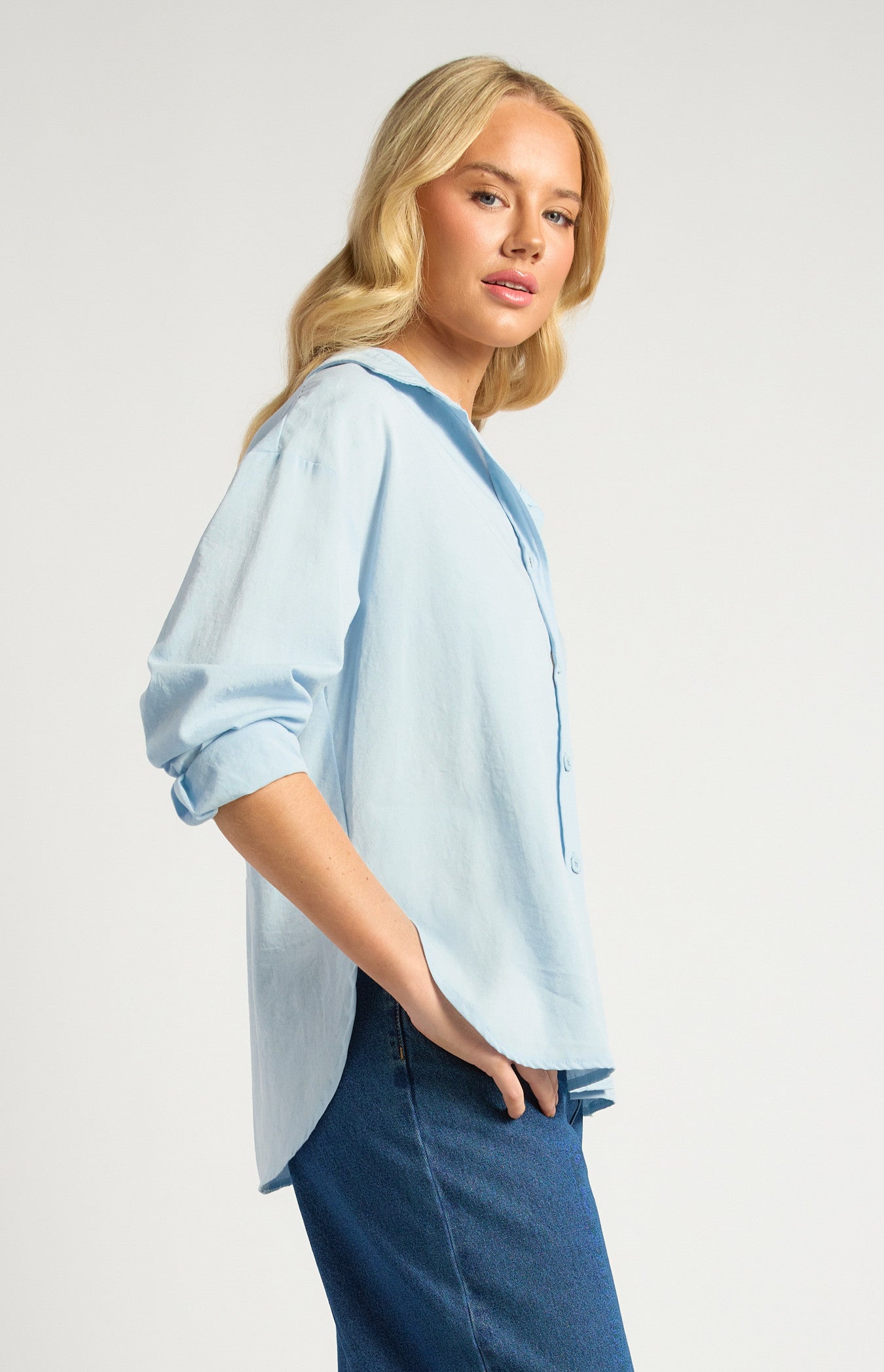 Oversized Cotton Blend Button-Up Shirt with Front Pocket Detail