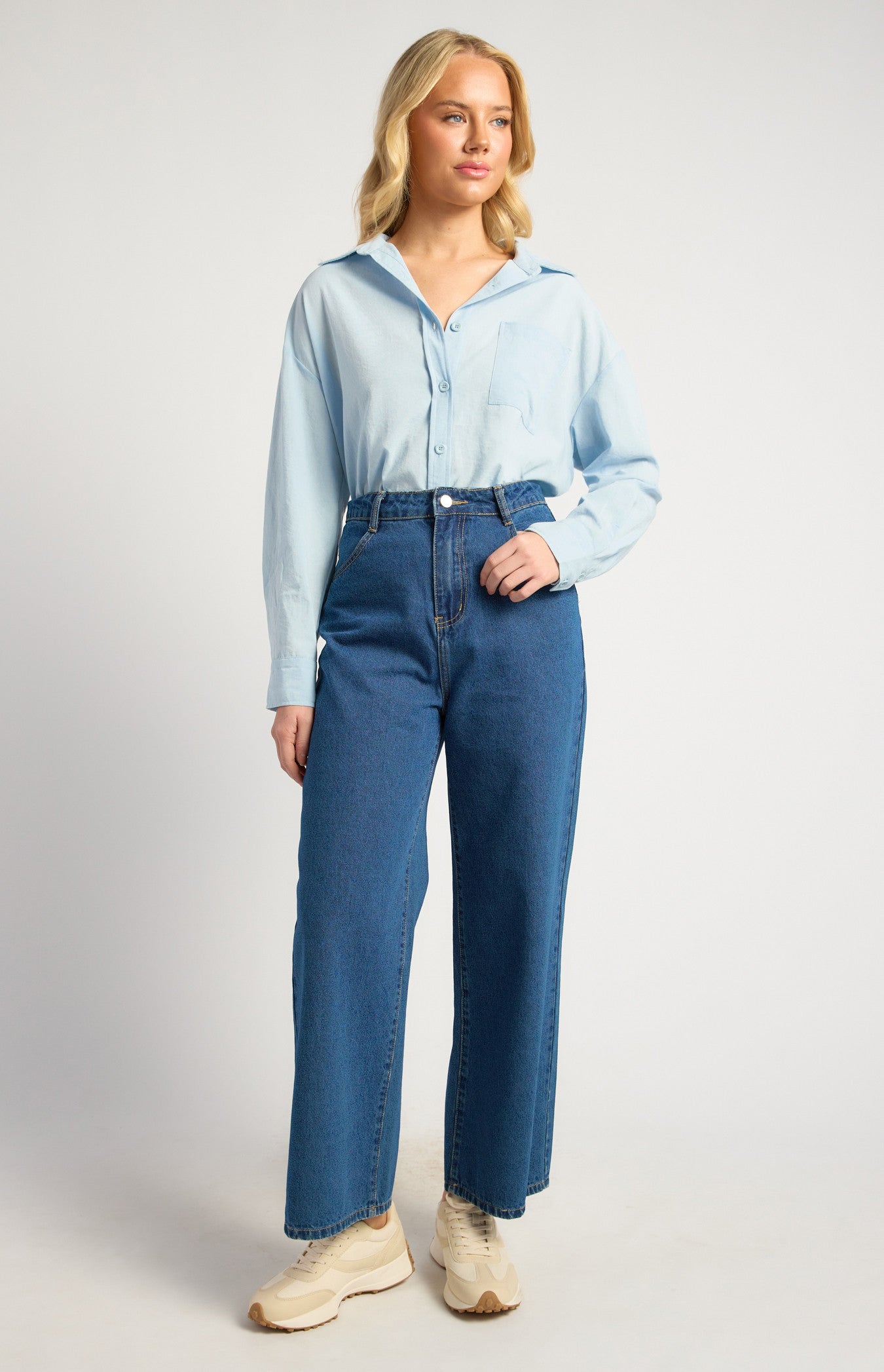 Oversized Cotton Blend Button-Up Shirt with Front Pocket Detail