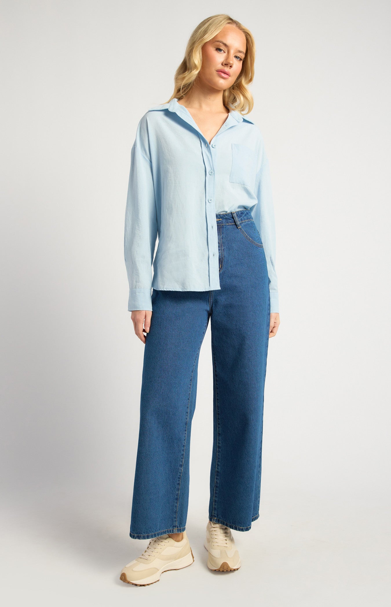 Oversized Cotton Blend Button-Up Shirt with Front Pocket Detail