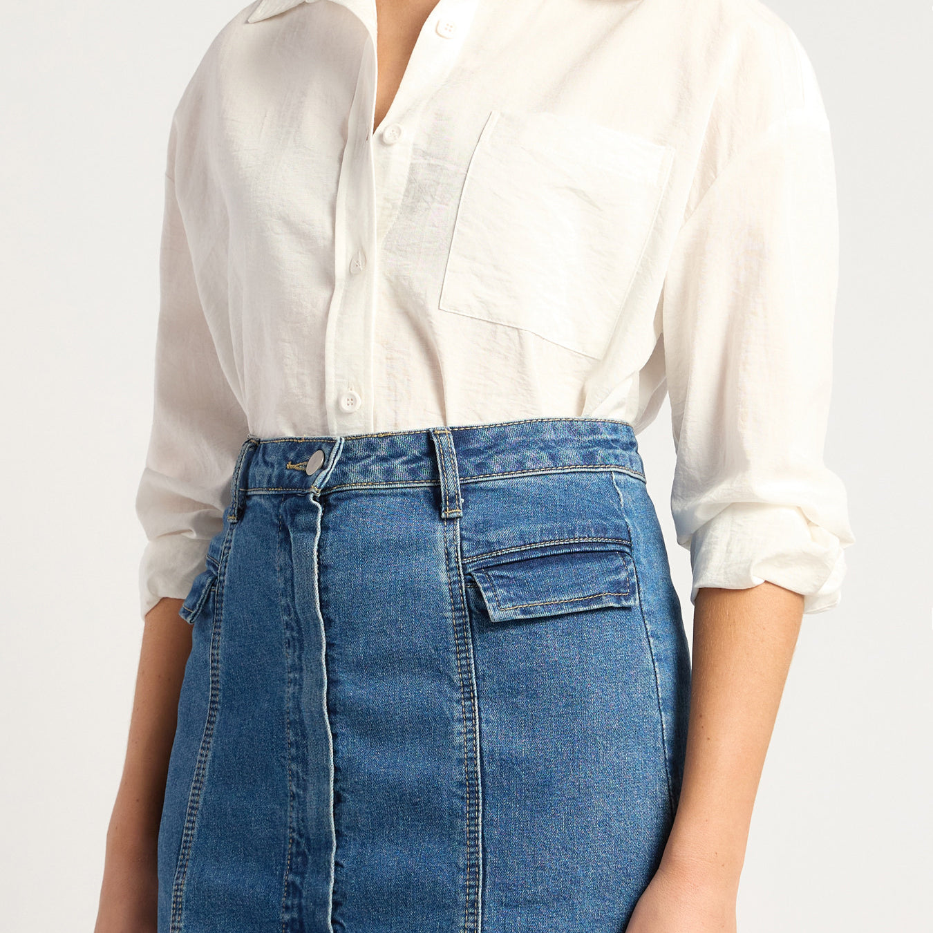 Oversized Cotton Blend Button-Up Shirt with Front Pocket Detail