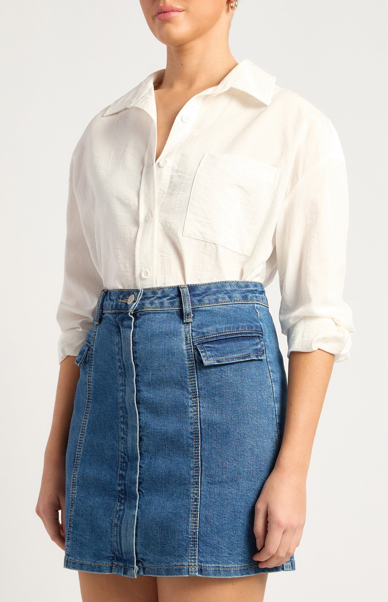 Oversized Cotton Blend Button-Up Shirt with Front Pocket Detail