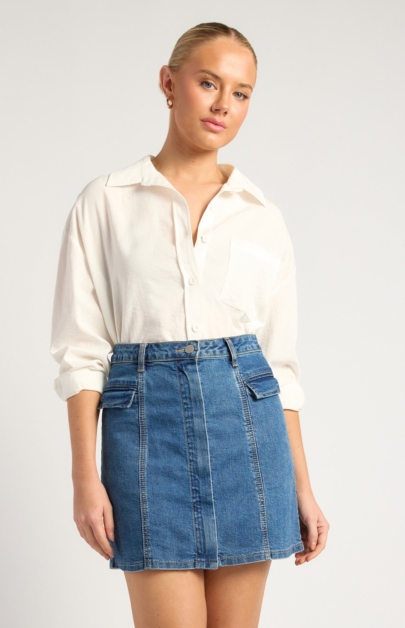 Oversized Cotton Blend Button-Up Shirt with Front Pocket Detail