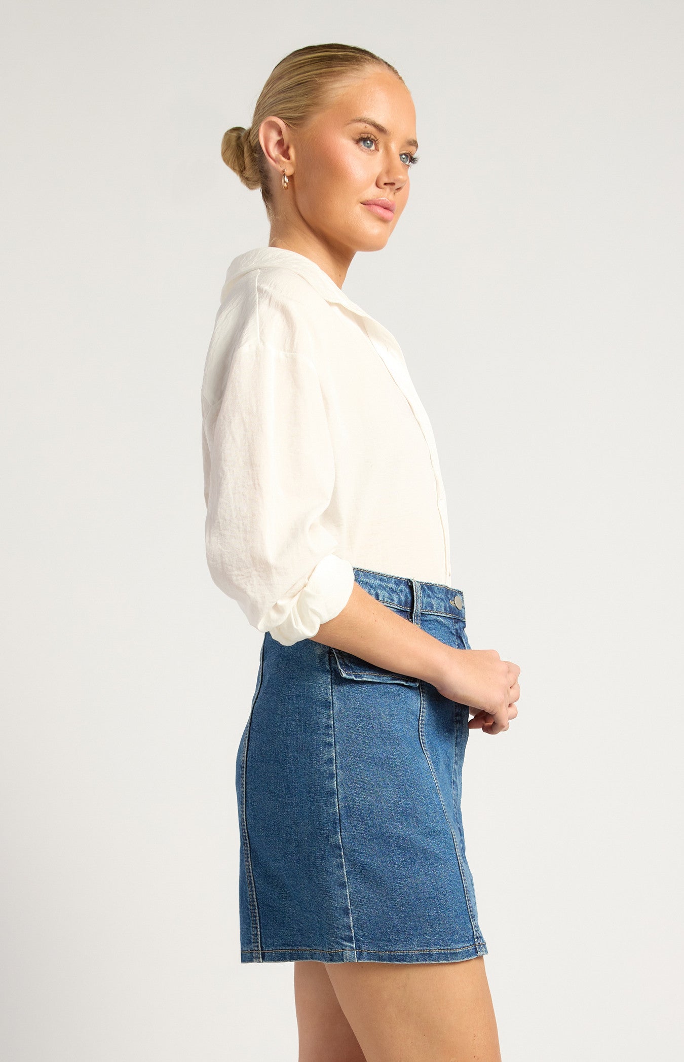 Oversized Cotton Blend Button-Up Shirt with Front Pocket Detail