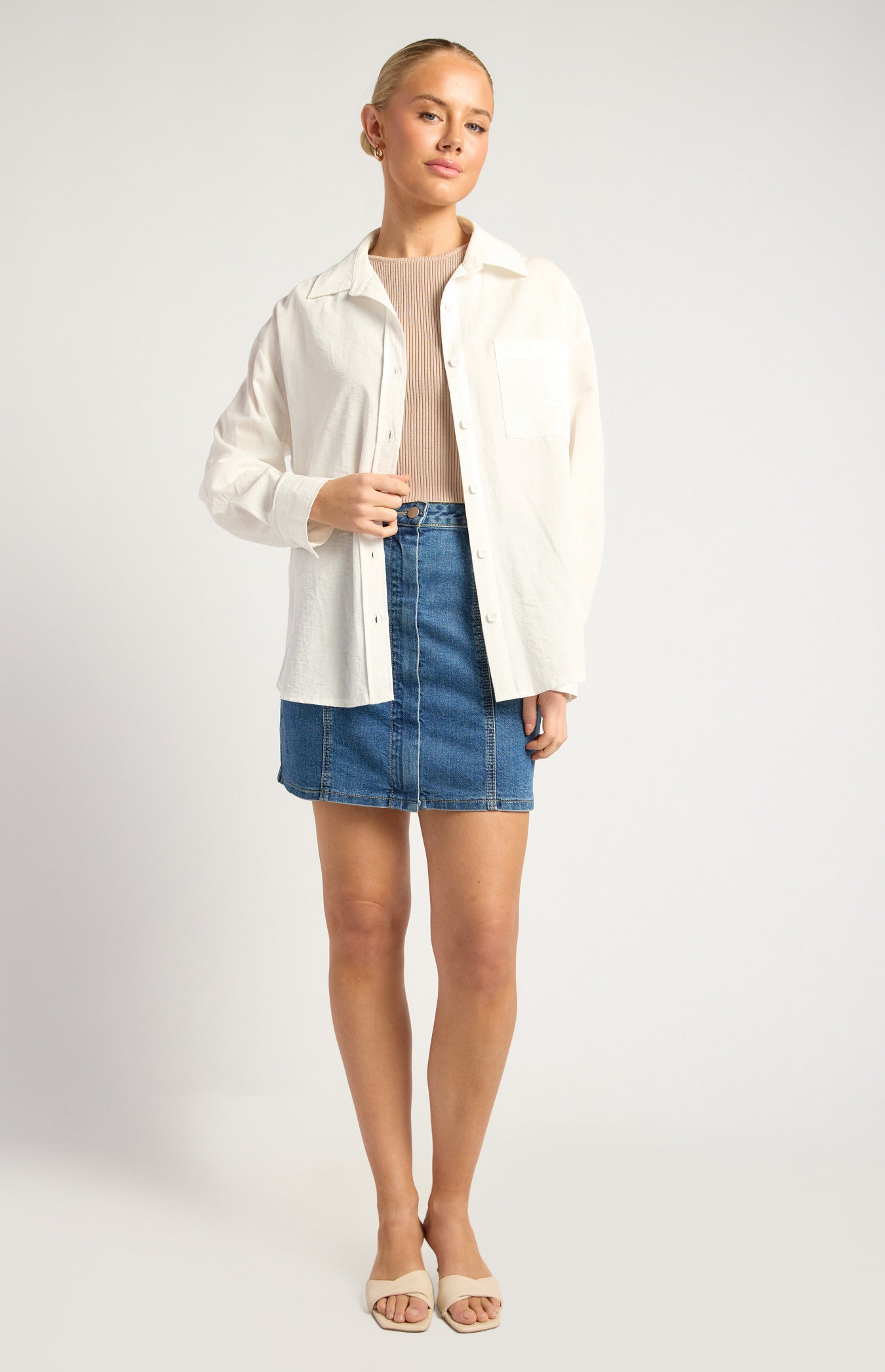 Oversized Cotton Blend Button-Up Shirt with Front Pocket Detail
