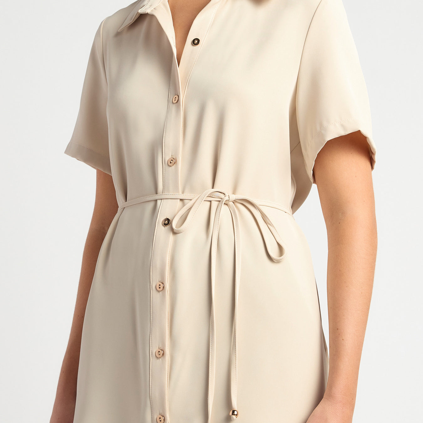 Short Sleeve Collared Shirt with Gold Buttons, Thin Belt & Toggle Detail