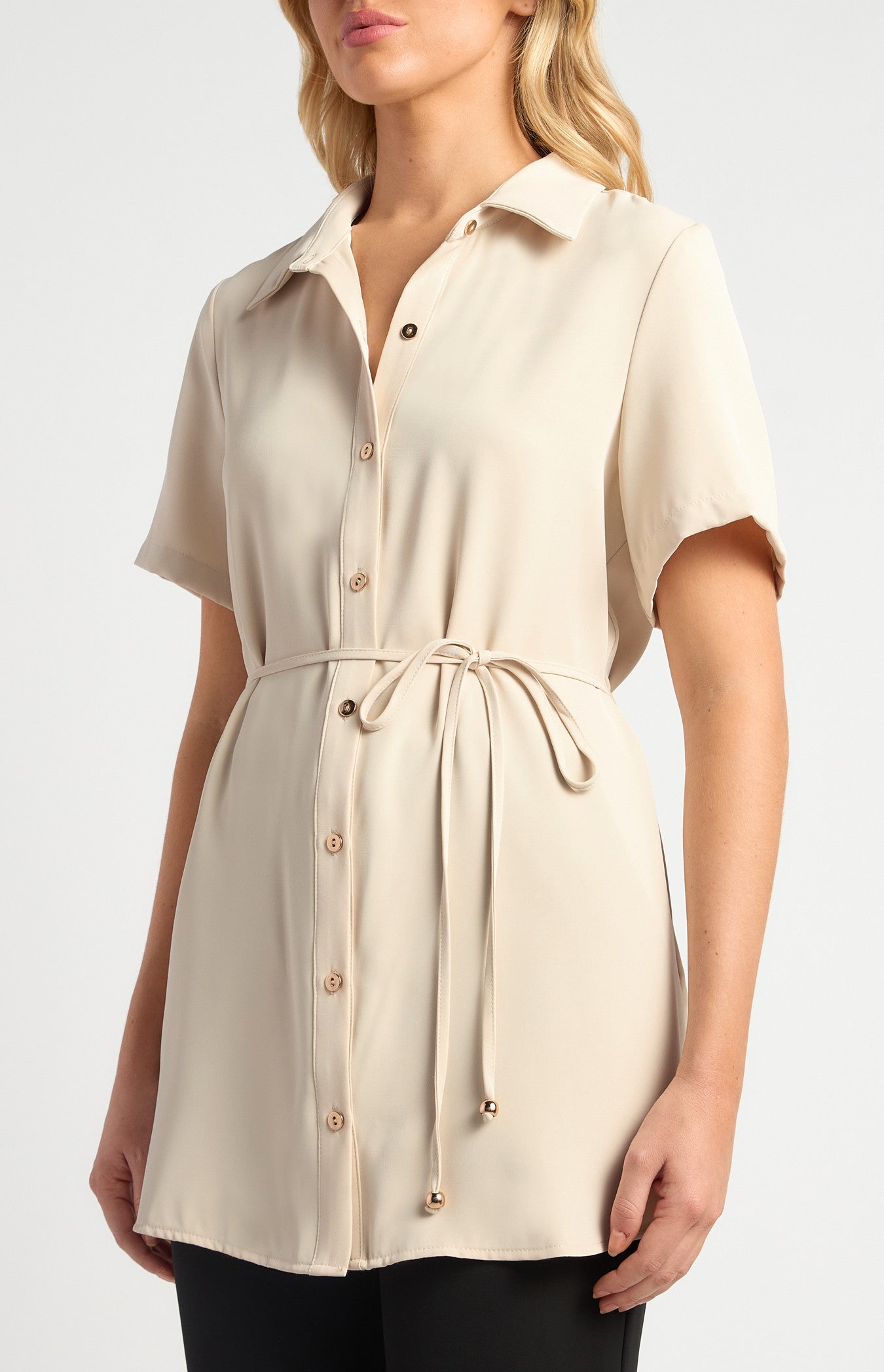 Short Sleeve Collared Shirt with Gold Buttons, Thin Belt & Toggle Detail