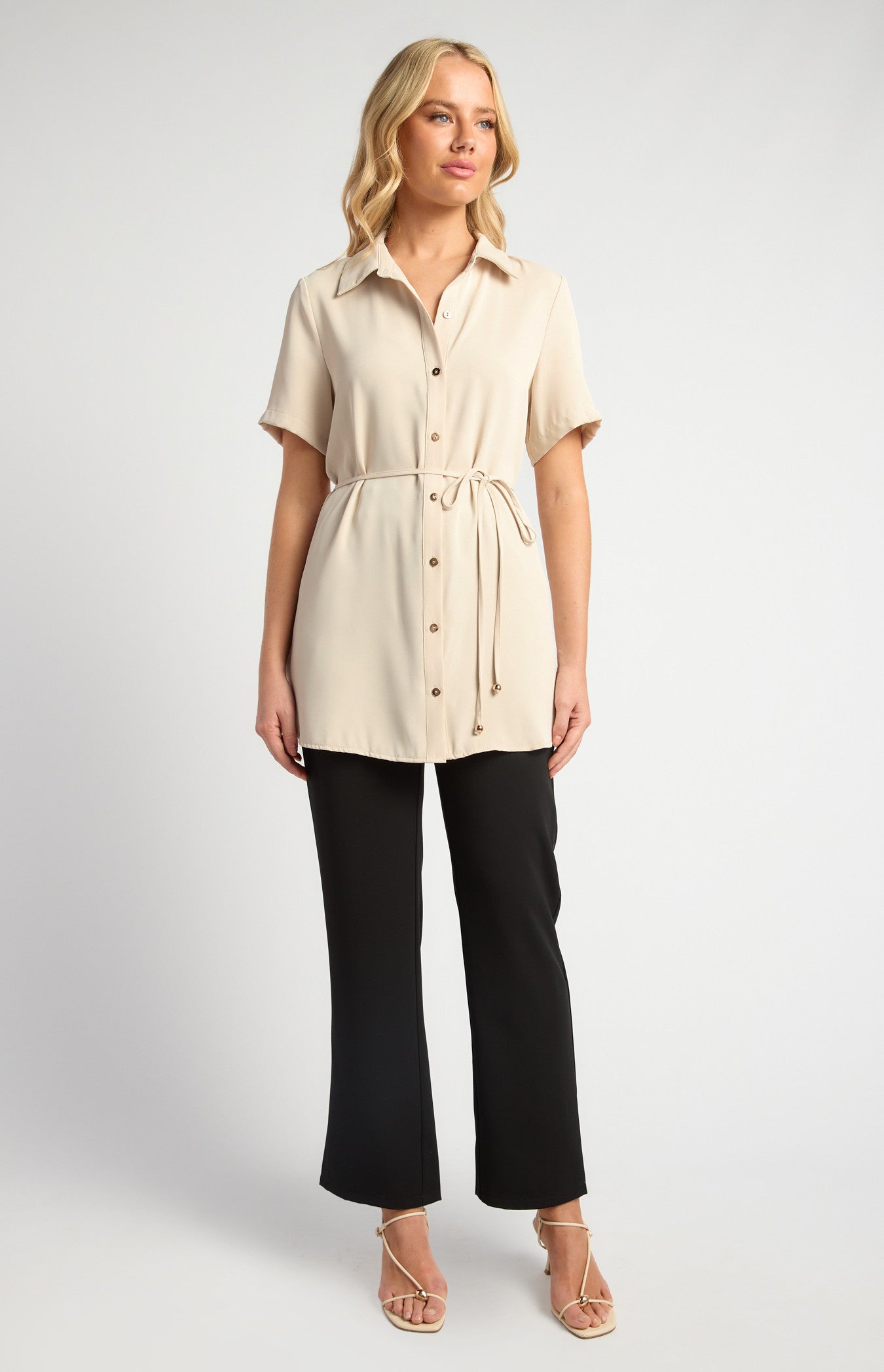 Short Sleeve Collared Shirt with Gold Buttons, Thin Belt & Toggle Detail