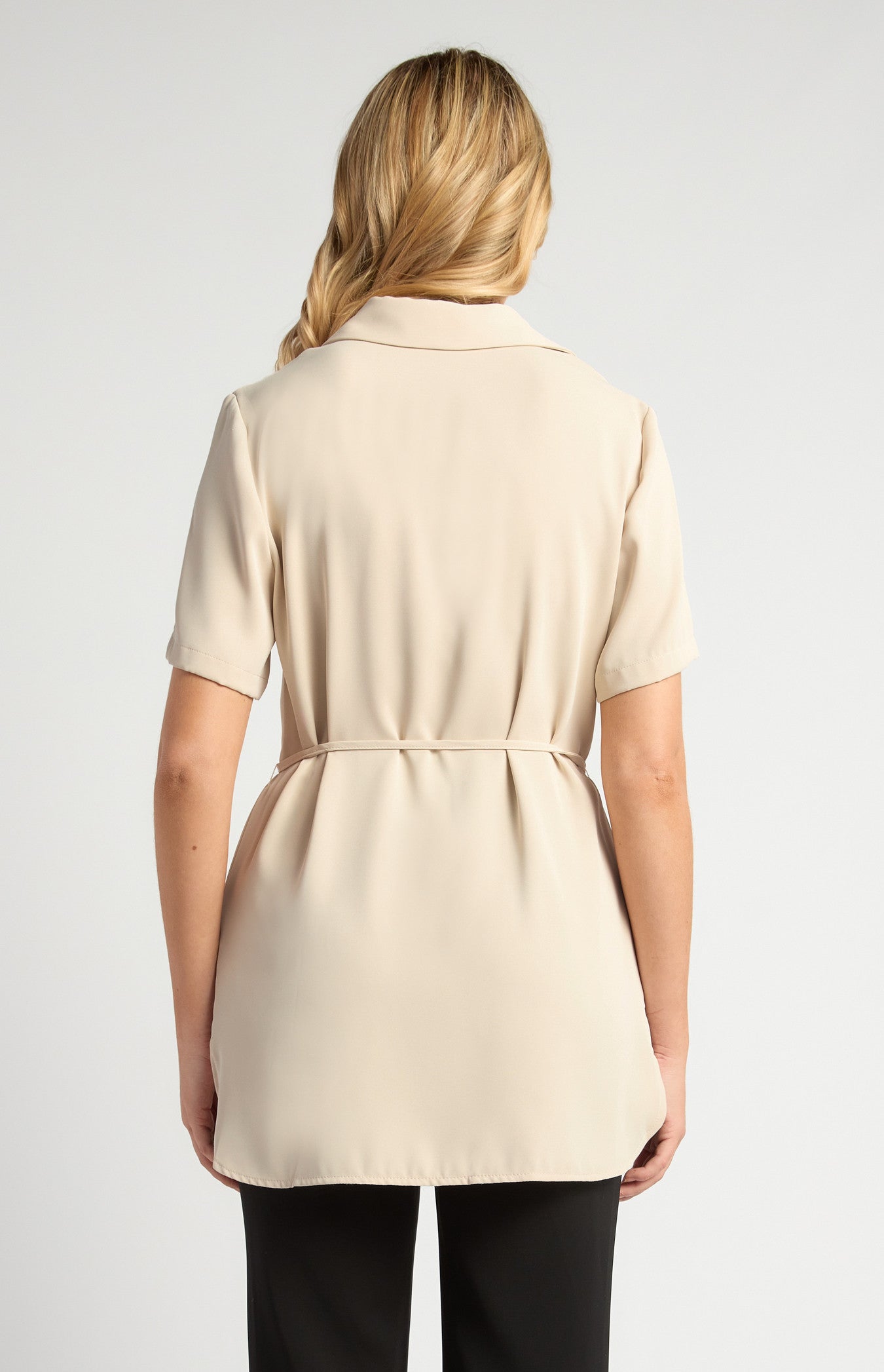 Short Sleeve Collared Shirt with Gold Buttons, Thin Belt & Toggle Detail