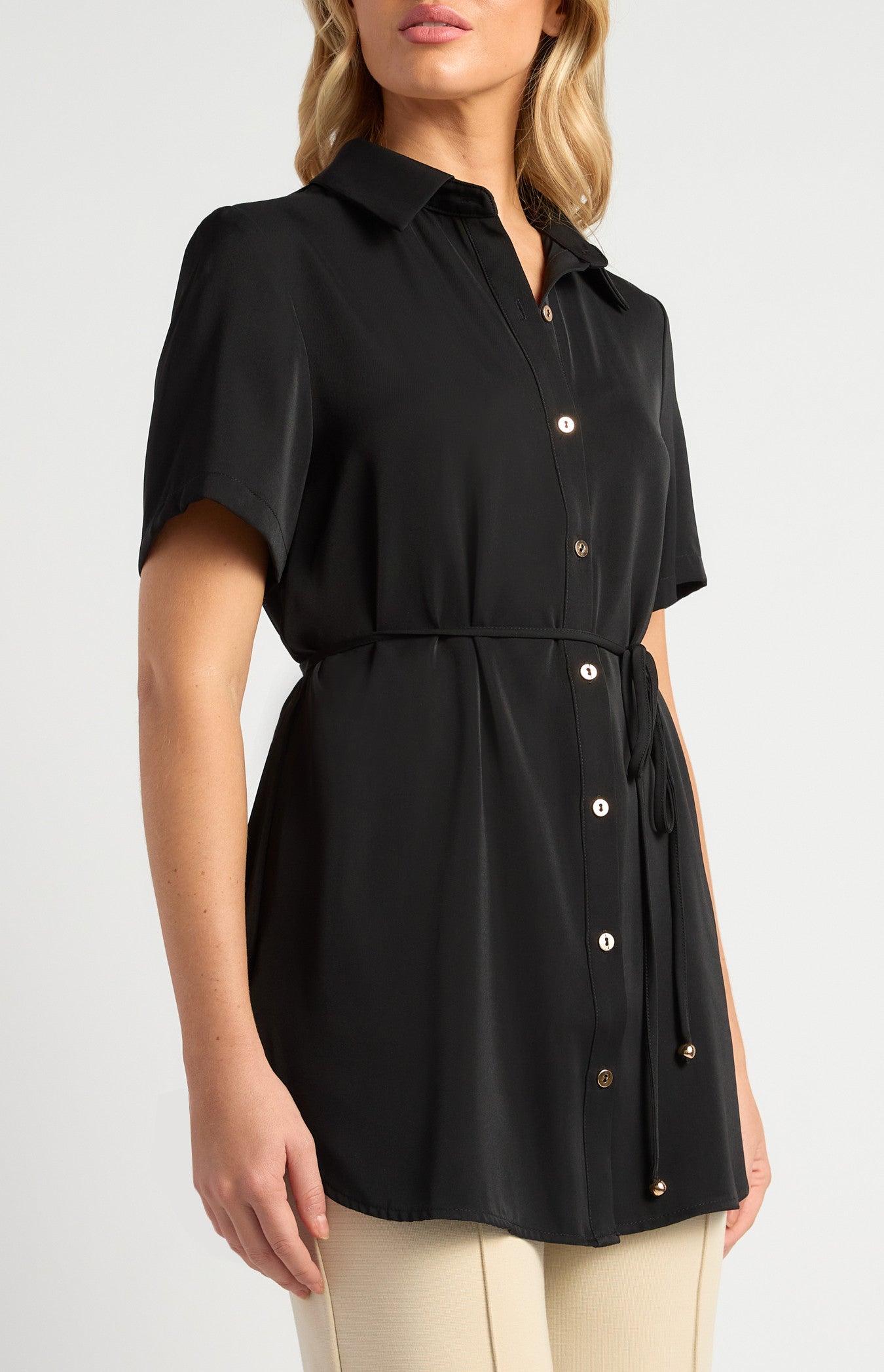 Short Sleeve Collared Shirt with Gold Buttons, Thin Belt & Toggle Detail