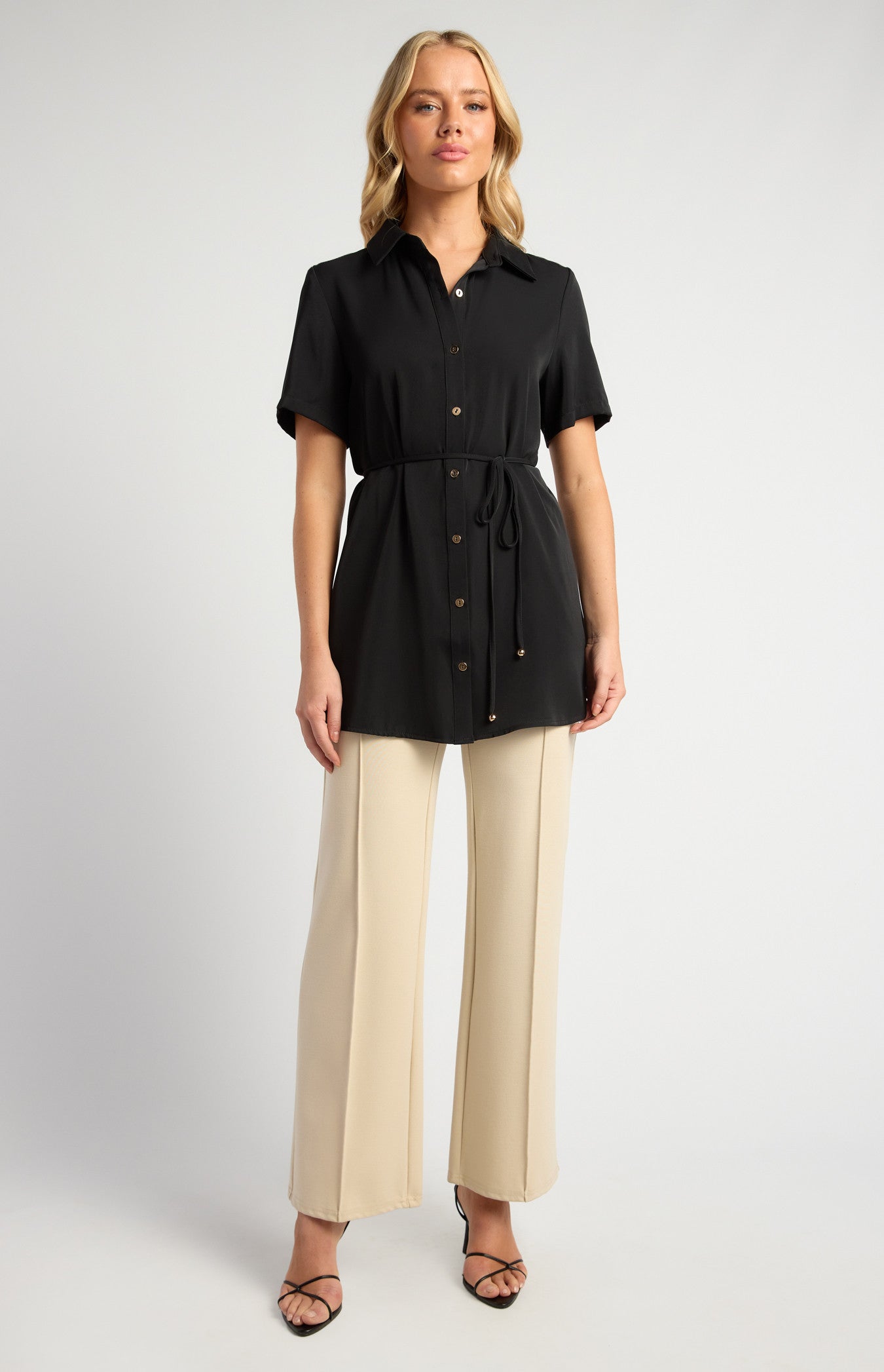 Short Sleeve Collared Shirt with Gold Buttons, Thin Belt & Toggle Detail