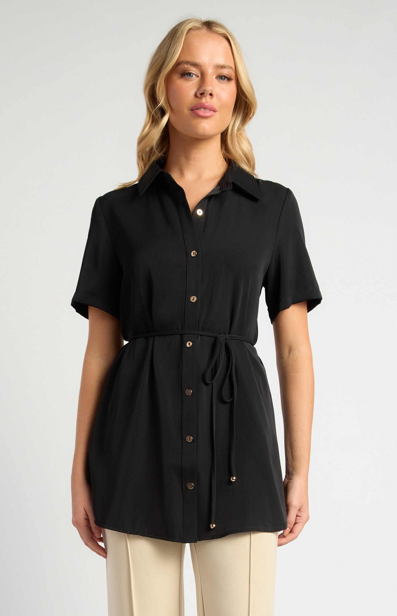 Short Sleeve Collared Shirt with Gold Buttons, Thin Belt & Toggle Detail