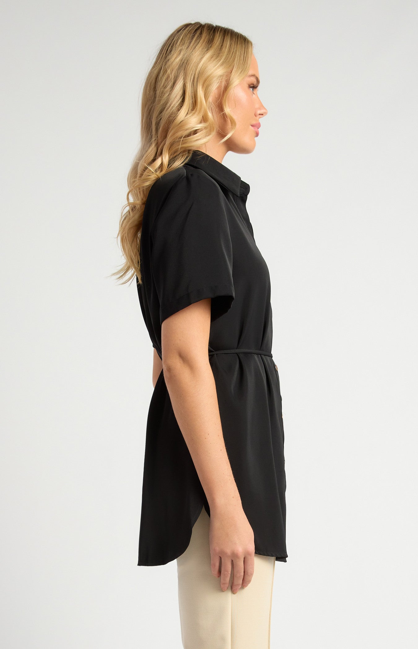 Short Sleeve Collared Shirt with Gold Buttons, Thin Belt & Toggle Detail