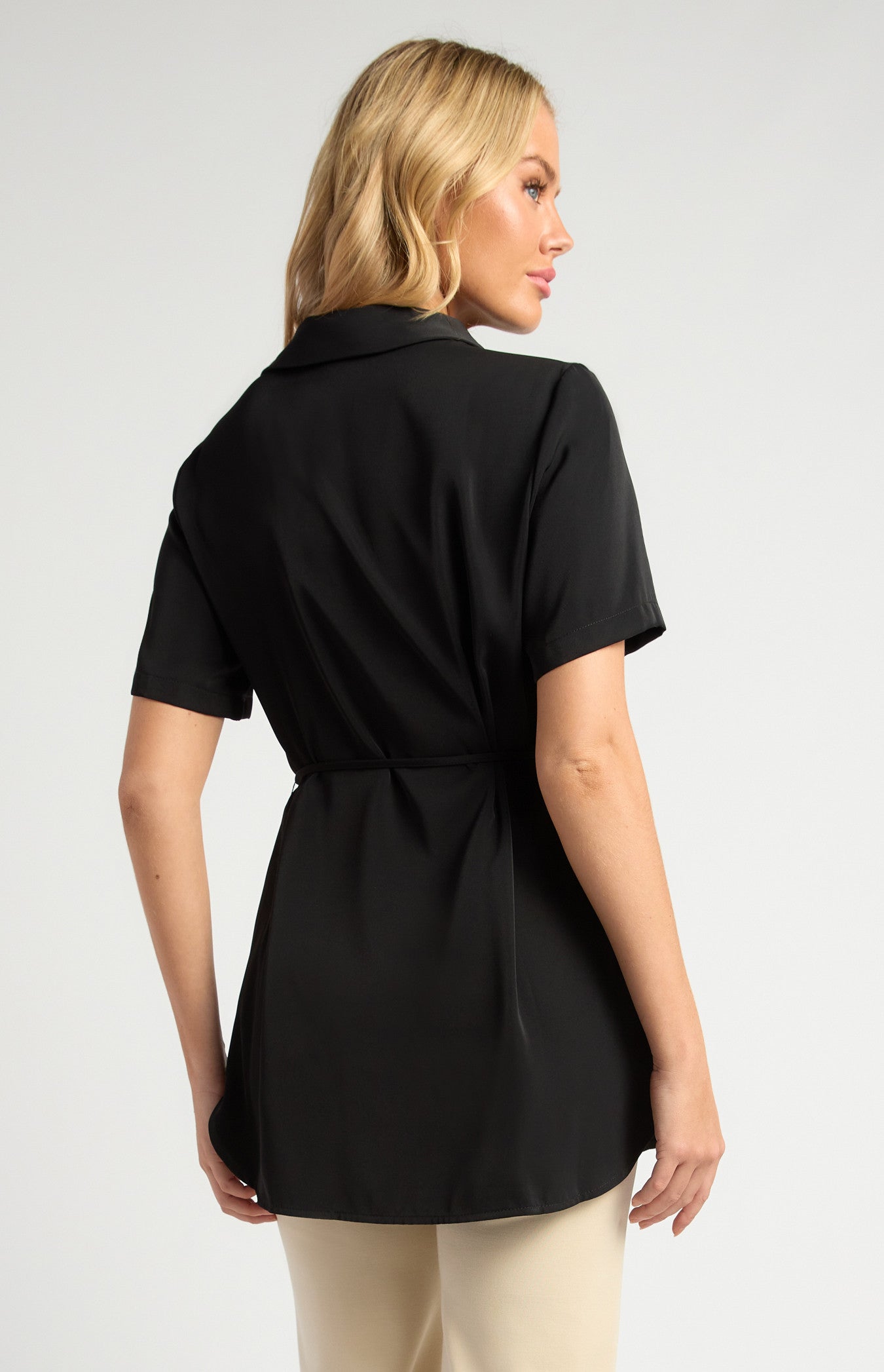 Short Sleeve Collared Shirt with Gold Buttons, Thin Belt & Toggle Detail