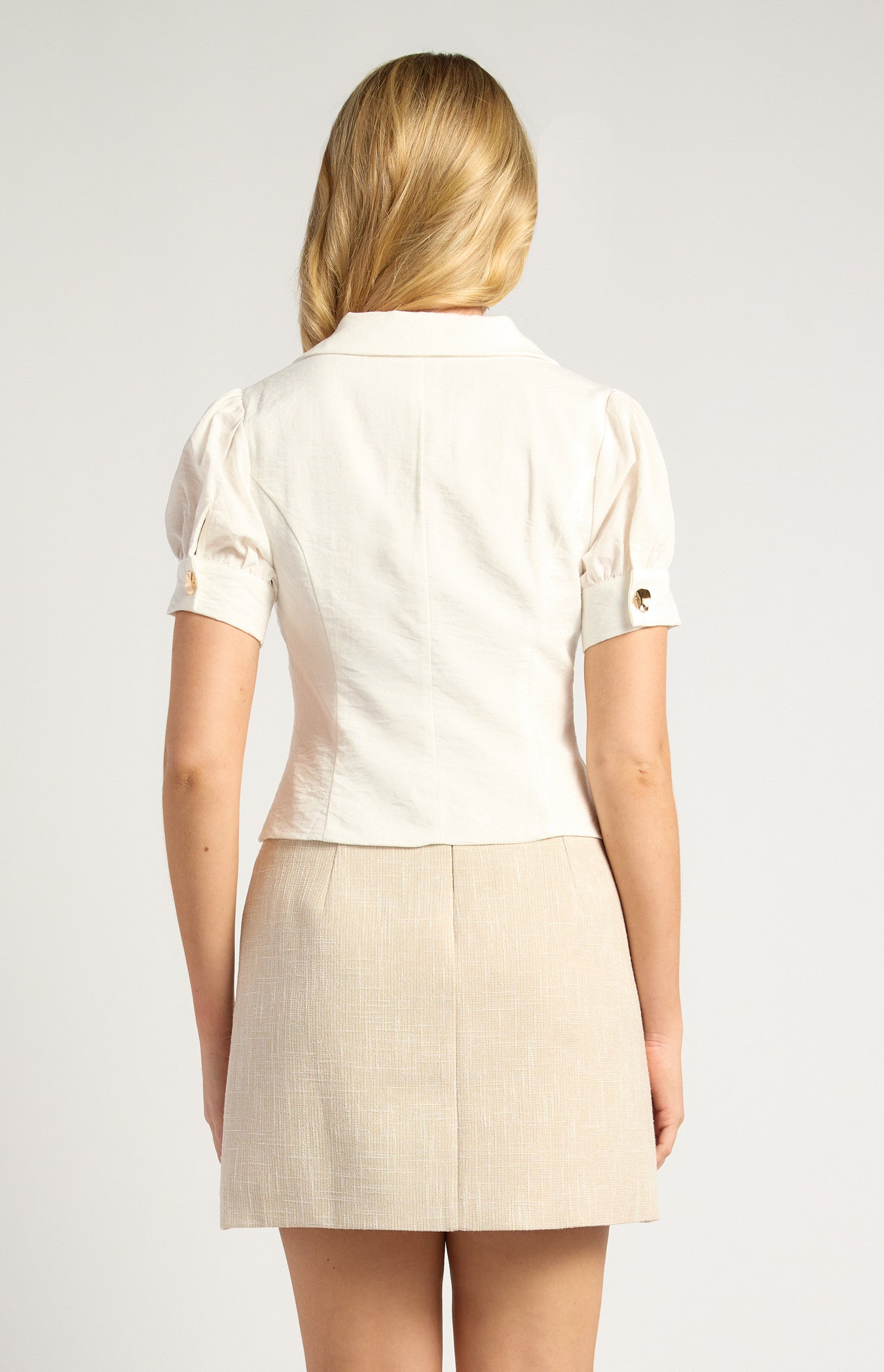 Gold Button Collared Knit Top with Ribbed Texture and Short Sleeves