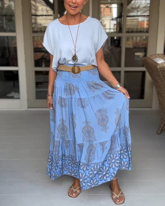 Floral Panel Pleated Midi Skirt with Flowy Silhouette