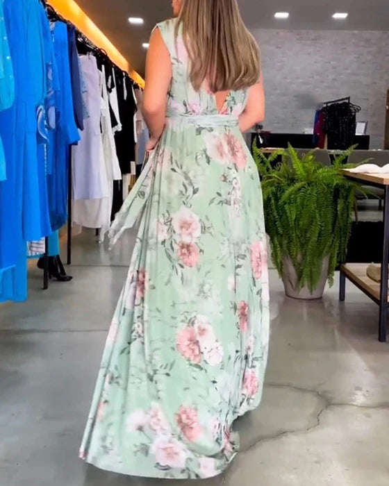 Elegant Sleeveless V-Neck Floral Print Midi Dress