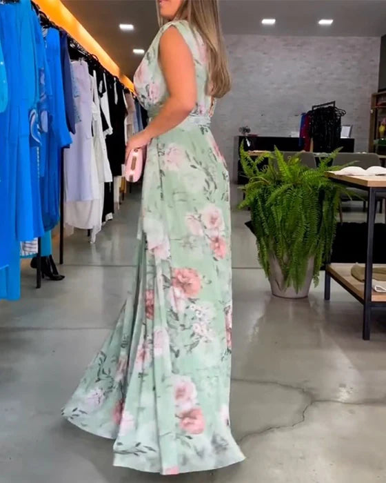 Elegant Sleeveless V-Neck Floral Print Midi Dress