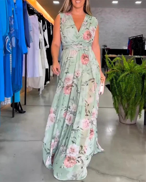 Elegant Sleeveless V-Neck Floral Print Midi Dress