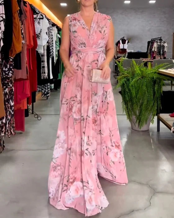 Elegant Sleeveless V-Neck Floral Print Midi Dress
