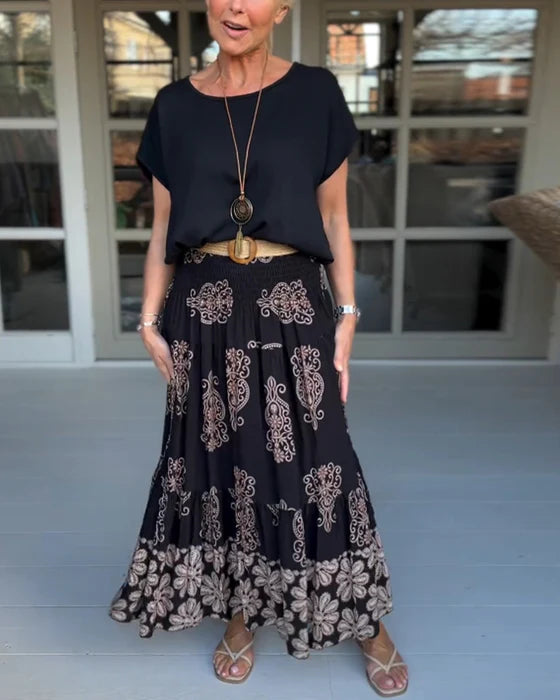 Floral Panel Pleated Midi Skirt with Flowy Silhouette