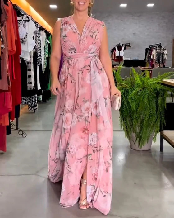 Elegant Sleeveless V-Neck Floral Print Midi Dress