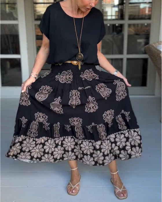 Floral Panel Pleated Midi Skirt with Flowy Silhouette