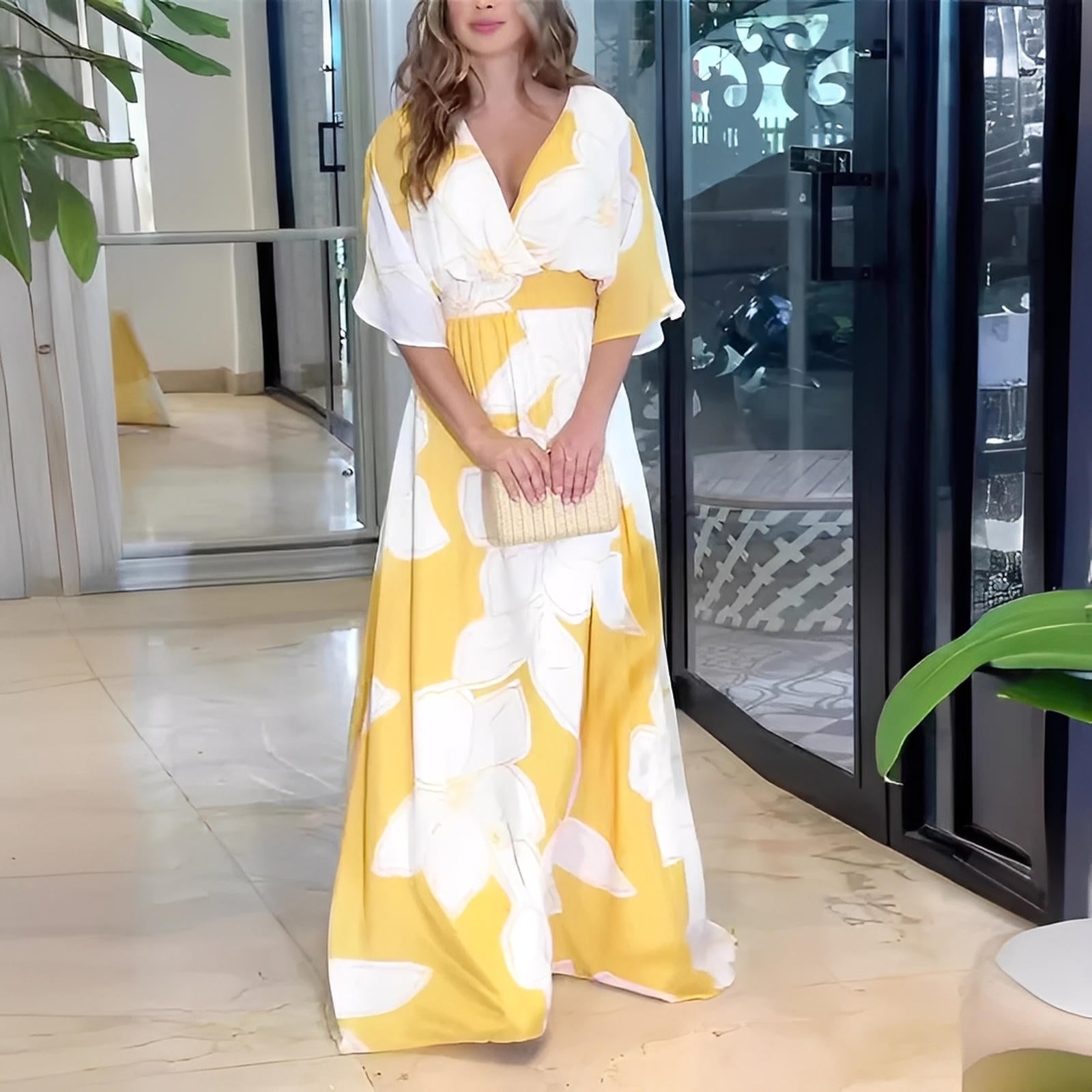 Floral Print V-Neck Batwing Sleeve Maxi Dress with Backless Detail