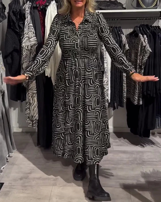 Printed Dress with Lapel Collar & Fashion Detailing