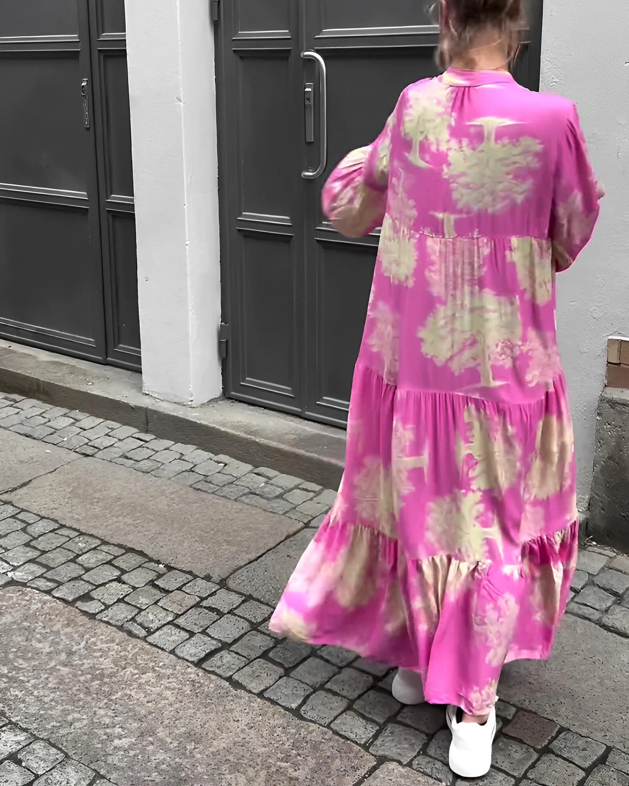 Loose Printed V-Neck Patchwork Dress with Flared Sleeves