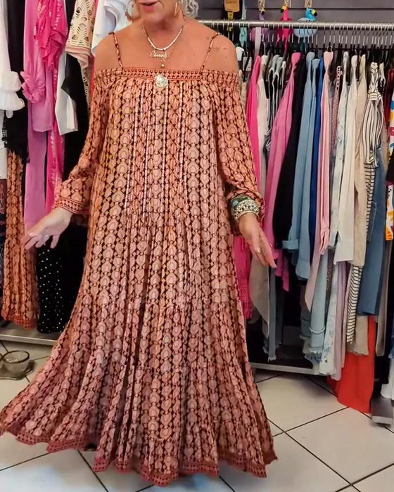 Boho Spaghetti Strap Loose-Fit Midi Dress with Flowy Silhouette