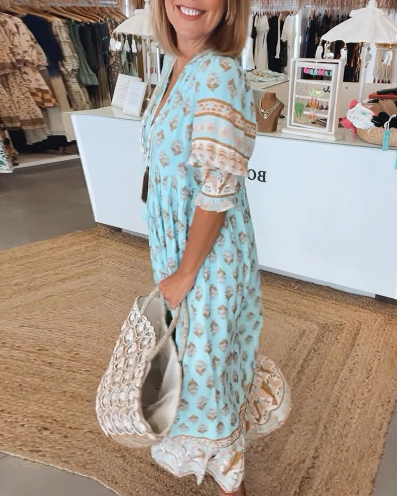 Casual Printed V-Neck Dress with Half Sleeves & Relaxed Fit