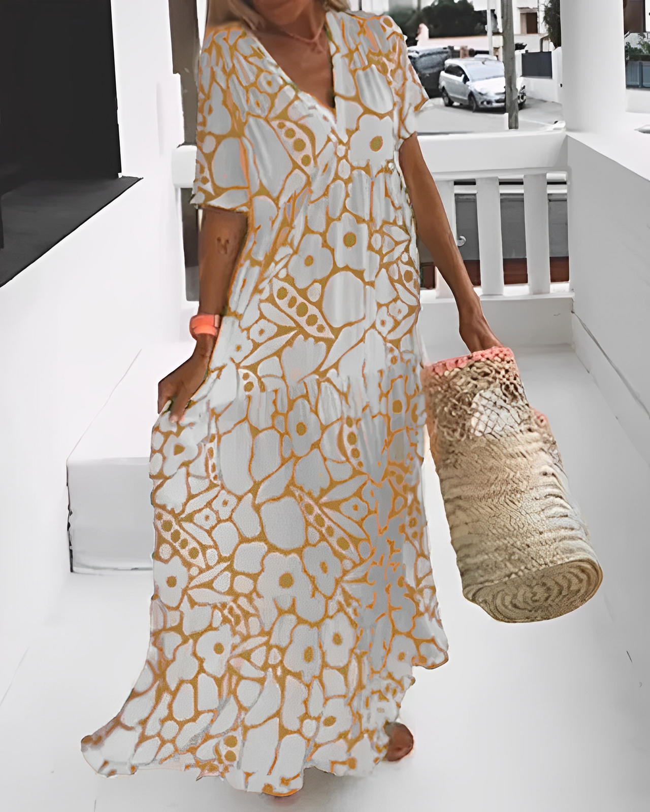 Printed Loose-Fit Dress with V-Neckline