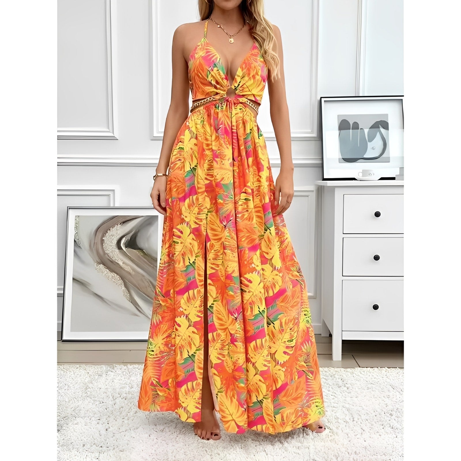 Floral Halter Split Maxi Dress — Backless Cut-Out Evening Look