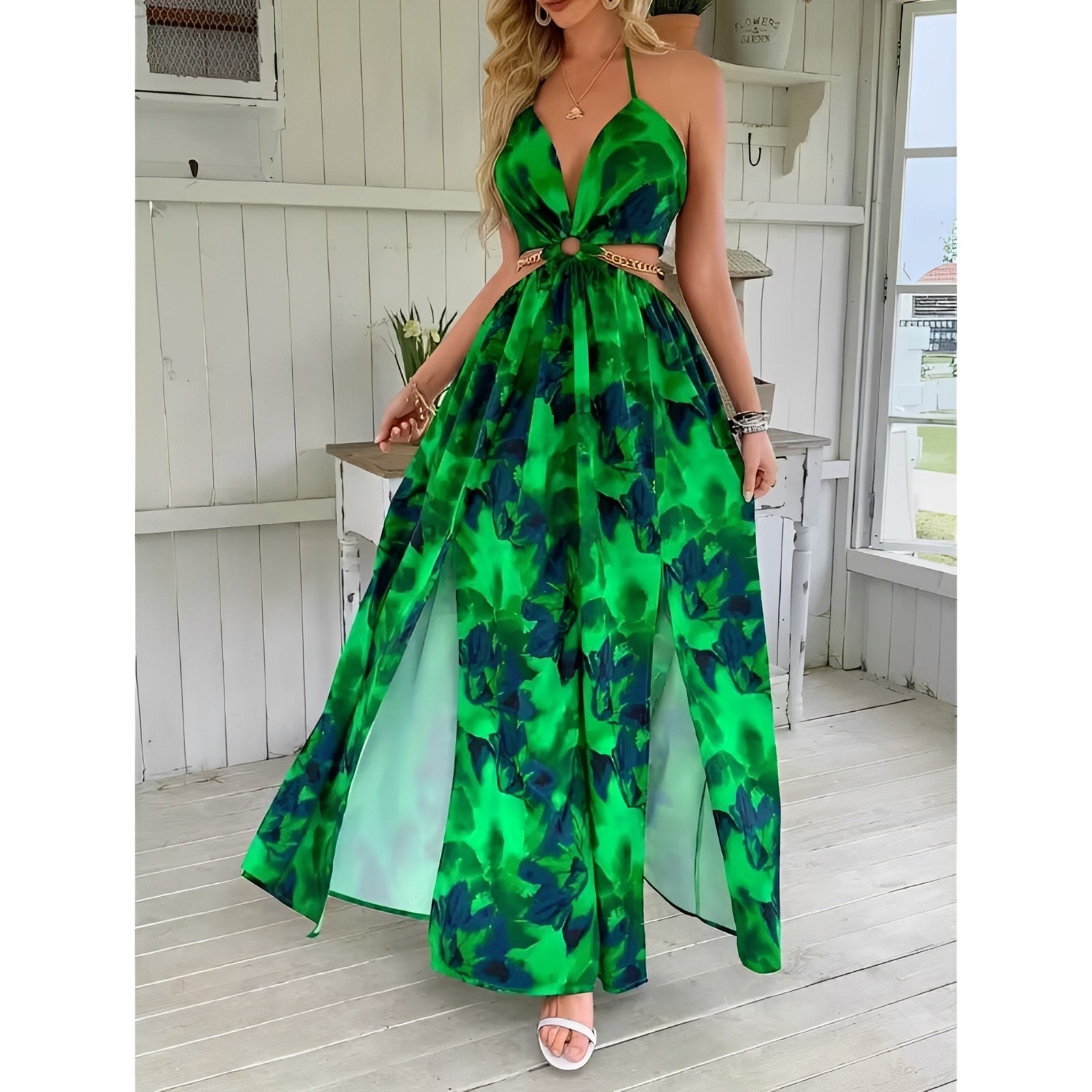 Floral Halter Split Maxi Dress — Backless Cut-Out Evening Look