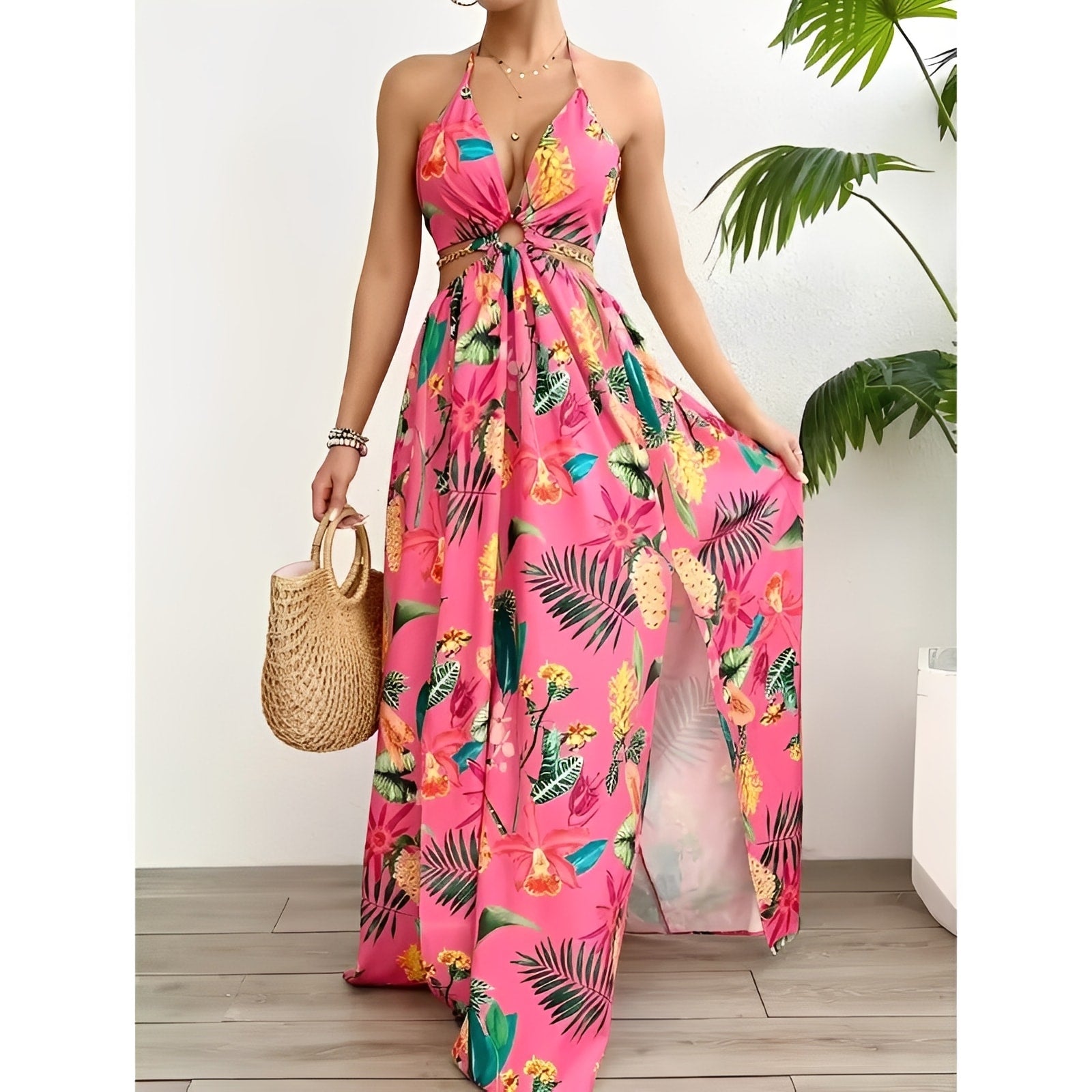 Floral Halter Split Maxi Dress — Backless Cut-Out Evening Look