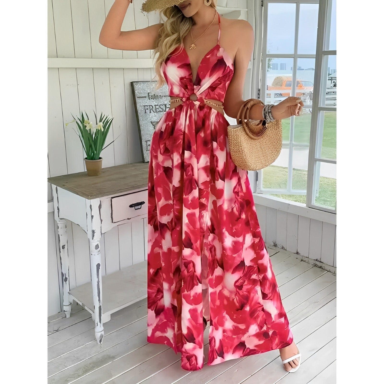 Floral Halter Split Maxi Dress — Backless Cut-Out Evening Look