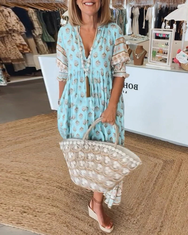 Casual Printed V-Neck Dress with Half Sleeves & Relaxed Fit
