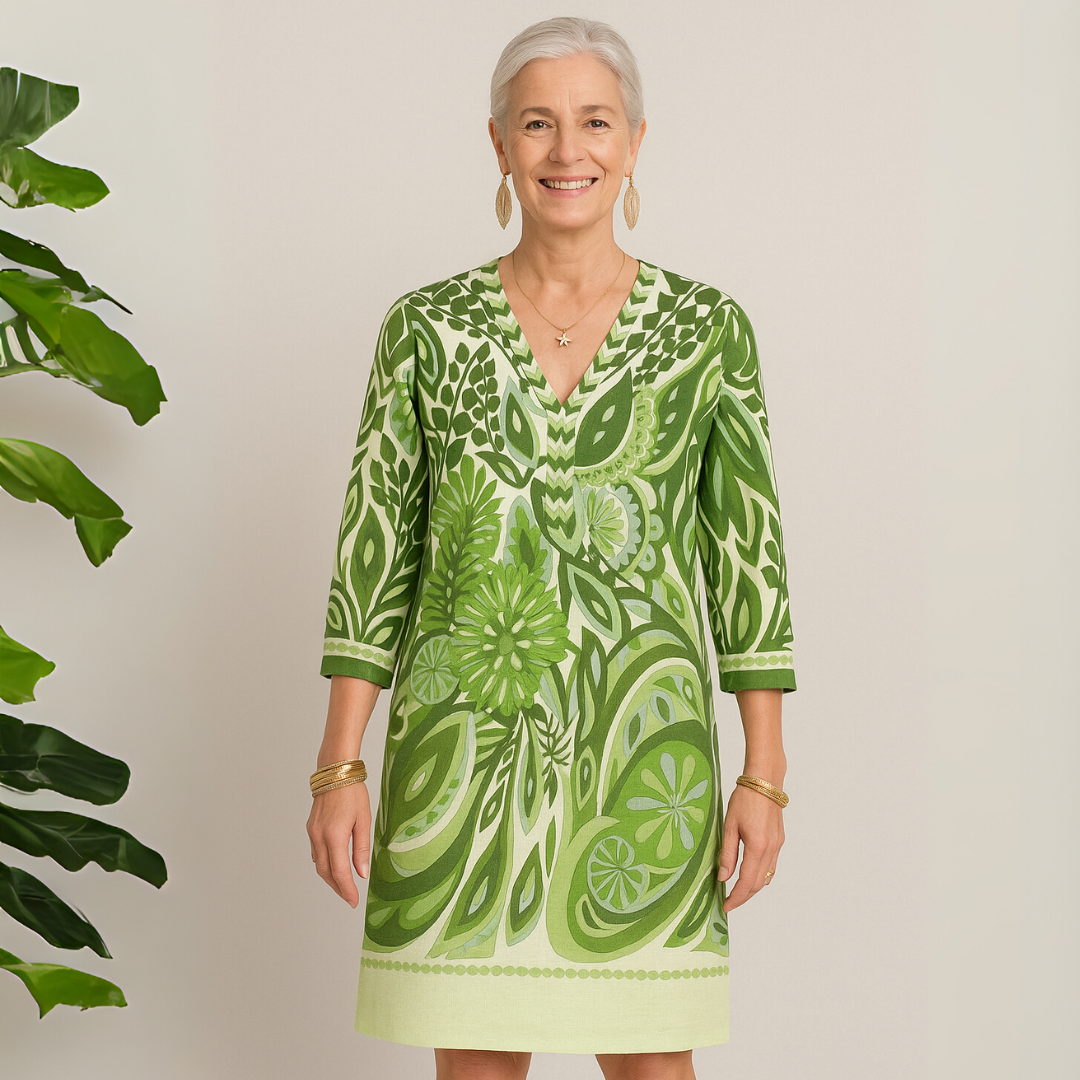 V-Neck Midi Dress Dress with Retro Print