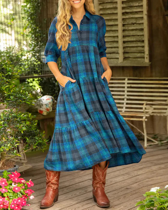 Plaid Lapel Collar Dress with Half Sleeves & Button Detail
