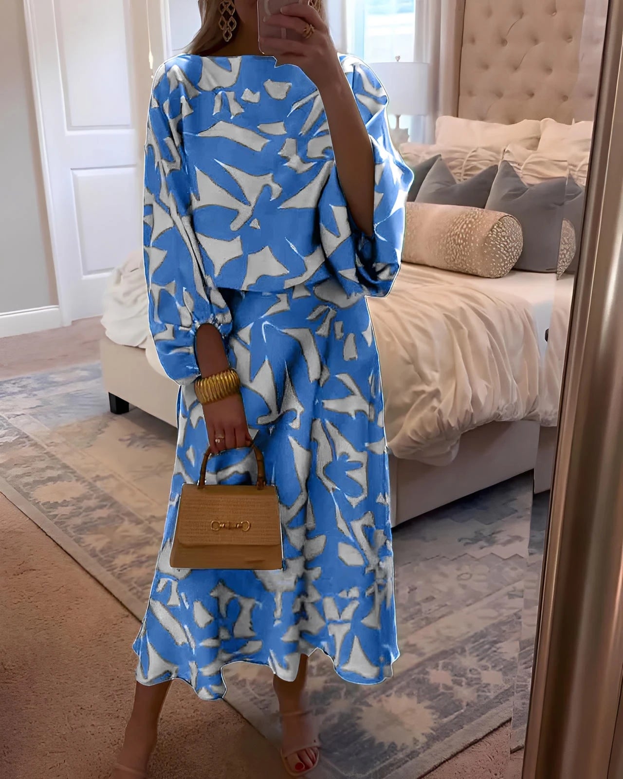 Printed Two-Piece Set Dress with Relaxed Fit & Lantern Sleeves