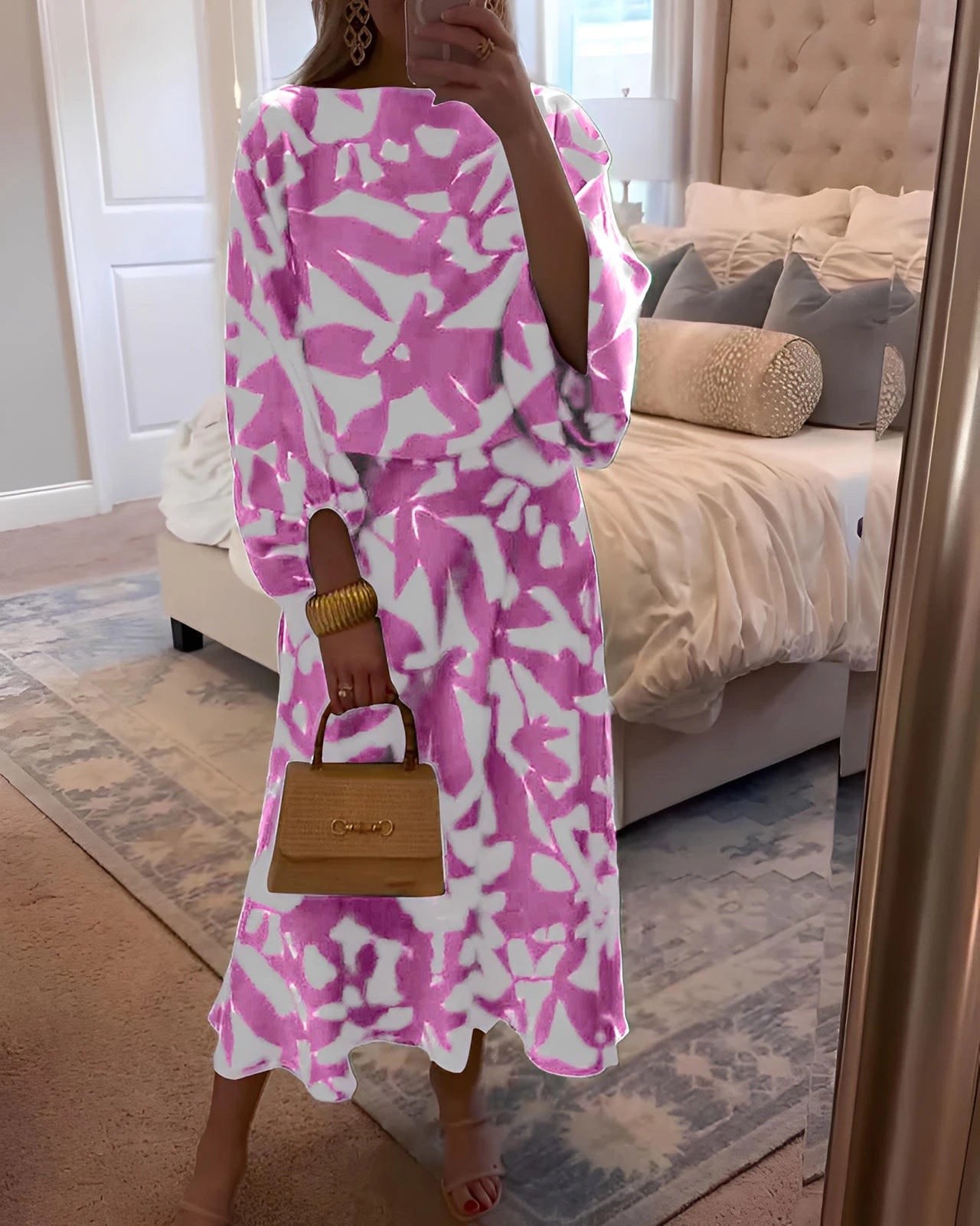 Printed Two-Piece Set Dress with Relaxed Fit & Lantern Sleeves