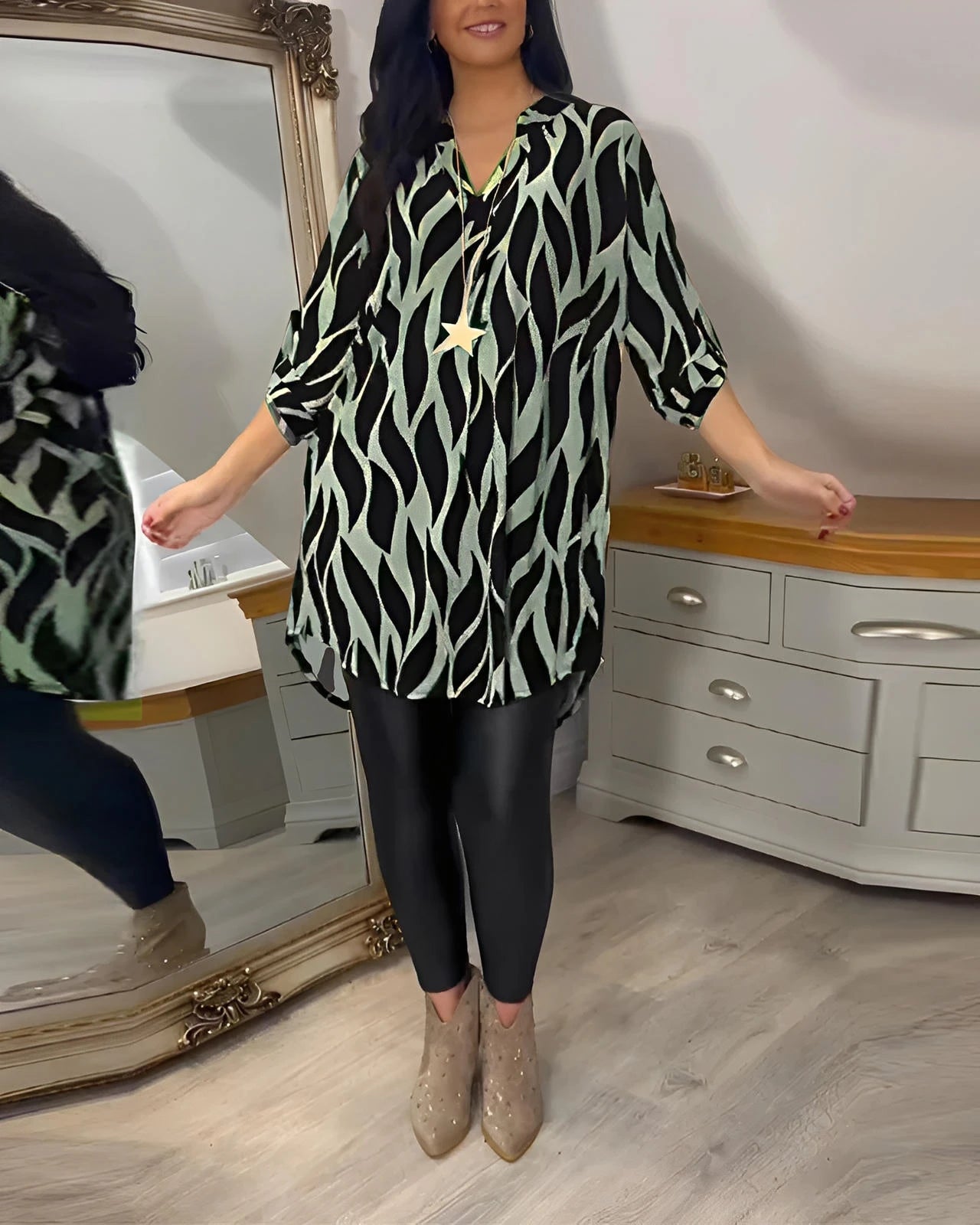 Relaxed Fit Women’s Blouse with V-Neck & Short Sleeves
